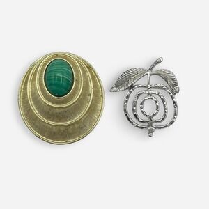 Vintage SARAH COVENTRY Brooch x2 Silver Apple Gold Green Oval Cabochon